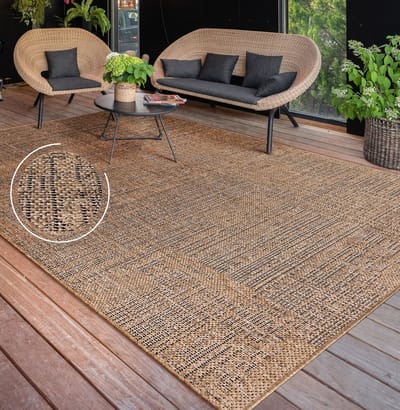 Flycarpets Aamber Jute Buitenkleed - Naturel / Zwart - Buitentapijt - Campingkleed - Vloerkleed buiten - Tuintapijt - 200x280 cm