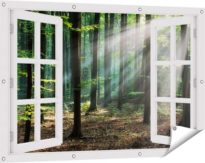 Gards Tuinposter Doorkijk Bos met Zon tussen de Bomen - 120x80 cm - Tuindoek - Tuindecoratie - Wanddecoratie buiten - Tuinschilderij