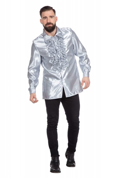 Jaren 80 & 90 Kostuum | Zilveren Ruchesblouse Satijn Foute Disco | Maat 50 | Carnaval kostuum | Verkleedkleding