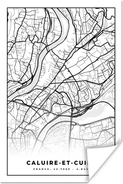 Poster Stadskaart - Plattegrond - Kaart - Frankrijk - Caluire-et-Cuire - Zwart wit - 120x180 cm XXL