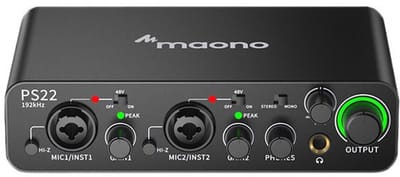 MAONO PS22 - Professionele Audio Interface - 2x2 USB - 2x XLR - 3,5 MM - 6,35 MM - 60dB - ProStudio - Fantoomvoeding 48V - Zwart