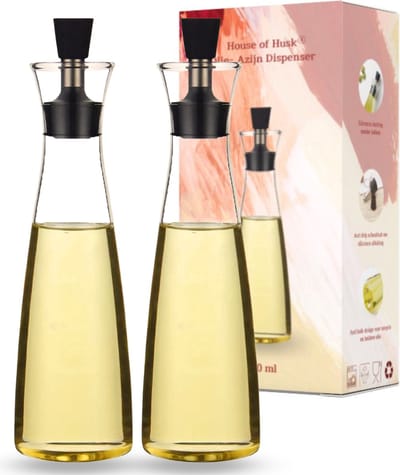 House of Husk 2 Stuks Glazen Olie Dispenser met Schenktuit - 500 ml - Borosilicaat - Olie en Azijn Fles - Luchtdicht