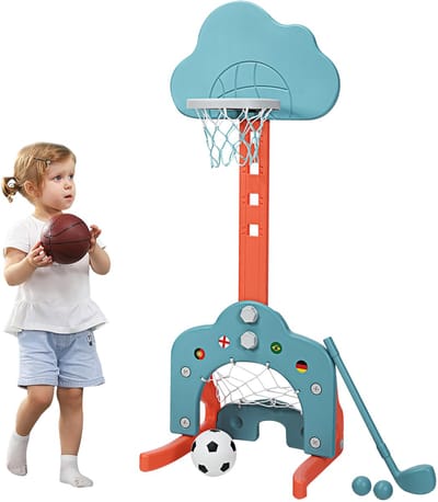 COSTWAY 3-in-1 kinderspeelplaats, in hoogte verstelbare basketbalkorf & voetbaldoel en golf, basketbalstandaard incl. ballen en golfclub, mand voor kinderen van 2 tot 7 jaar (groen)