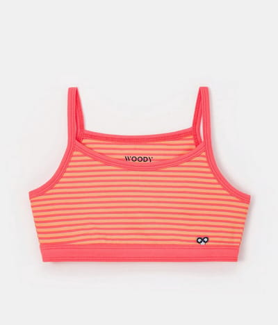 Woody Meisjes Topje – Gestreept Koraal/Oranje – Zachte Katoenmix – Sportieve Bralette-Stijl - 6 jaar (Maat 116)