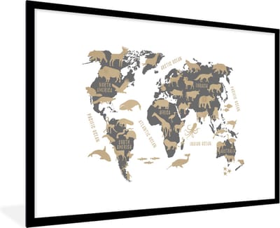 Fotolijst incl. Poster - Wereldkaart - Grijs - Dieren - 120x80 cm - Posterlijst