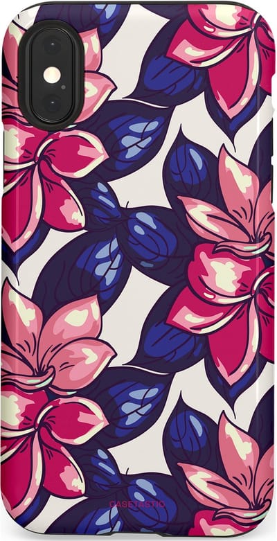 Casetastic hoesje geschikt voor Apple iPhone X / Apple iPhone XS - Dubbellaagse bescherming - Tropen paradijs - Fashion Case - Donkerblauw Roze Koraal Lila