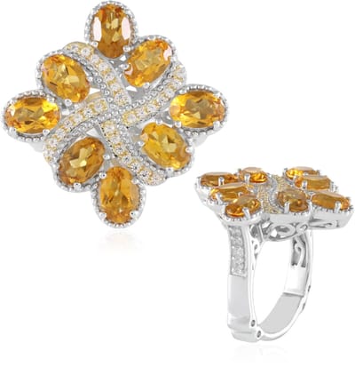 Cavill - Elegante Damesring - 925 Sterling Zilver - 3,015 ct Ovale Braziliaanse Citrien - 0,379 ct Pavé Zirkonia - Filigraan Bloem