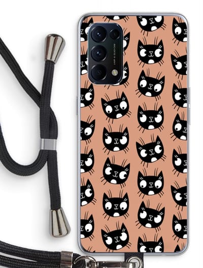 Case Company® - Hoesje met koord geschikt voor Oppo Find X3 Lite hoesje met Koord - Kat - Telefoonhoesje met Zwart Koord - Bescherming aan alle Kanten en Over de Schermrand