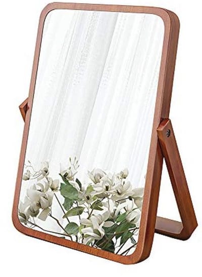 Houten Frame Tafelspiegel met Standaard - HD Rechthoekige Make-upspiegel voor Badkamer en Bureau