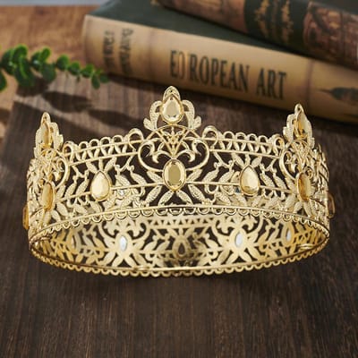 Couronnes de Roi Couleur Or pour Hommes, Couronne Royale avec Strass Noir, Couronne d'Anniversaire pour Hommes, Décorations de Mariage Cosplay Bal de Promo beige