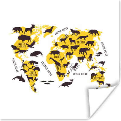 Poster 30x30 cm - Wereldkaart - Dieren - Geel - Posters - Kamer decoratie - Wanddecoratie woonkamer - Muurdecoratie slaapkamer
