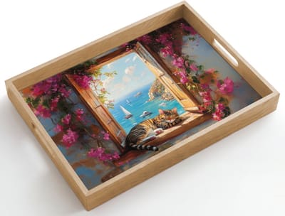 Dienblad hout 50x35 cm - Schootdienblad - Kat - Blauwe zee - Roze bloemen - Borrelplank rechthoek - Plateau dienbladen