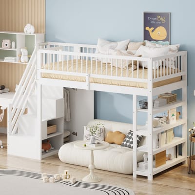 Sweiko Hoogslaper - 90 x 200 cm - met Kledingkast - Opbergplank - Houten kinderbed - Wit