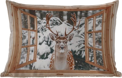 Buitenkussens - Tuin - Doorkijk - Hert - Sneeuw - Winter - Bos - Dieren - 50x30 cm