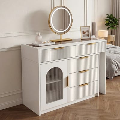 HAUSS SPOLE Kaptafel - Uitschuifbaar Met Led Spiegel En Opbergruimte - Voor Slaapkamer - MDF En Glas - 90-160x40x75 Cm - Wit
