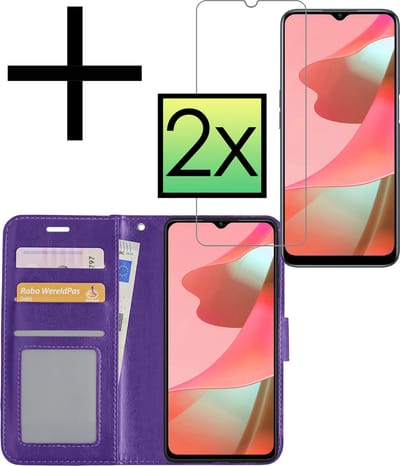 Hoesje - Met 2x Screenprotector - Geschikt voor OPPO A16 - Luxe Pasjeshouder - Bookcase Portemonee - Flip Case - Kunstleer Book Case - Flipcase Hoes - Book Cover - Walletcase - Portemonneehoes - Paars
