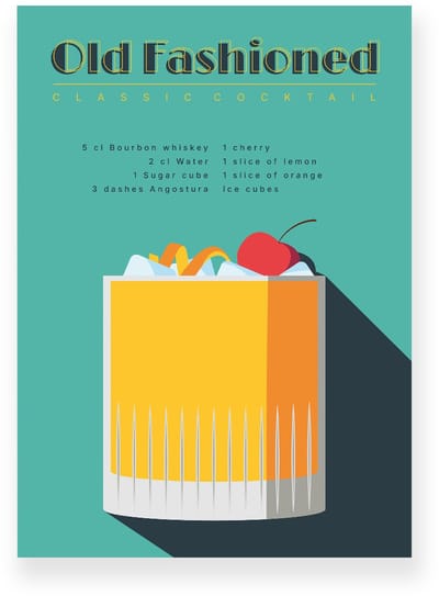 Poster 20x30 cm - Old Fashioned - Cocktail Recept - Geel - Groen - Retro - Art deco - Muurdecoratie - Wanddecoratie