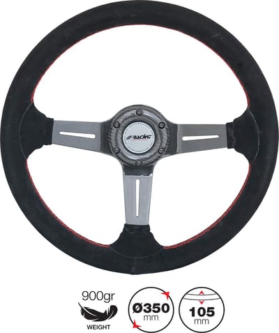 Simoni Racing High-End Racing Sportstuur Carlos 350mm - Echt Carbon - Zwart Suede + Rode Stiksels