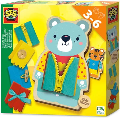 SES - Ik leer aankleden - houten aankleedfiguur - 4 jasjes met verschillende sluitingen