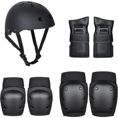 7-delige schaatsbeschermingsset inclusief helm, kniebeschermers, elleboogbeschermers en handpalmbeschermers. Beschermende uitrusting voor kinderen. zwart
