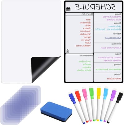 Wekelijkse Planner en Whiteboard Film Set A4, Afwasbaar, Maaltijdplanner voor Koelkast met 8 Stiften en 10 Zelfklevende Notities voor Efficiënt Taakbeheer en Organisatie