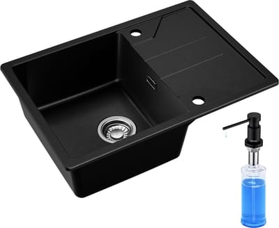 DERW MAX Granieten Spoelbak 65x45CM - Spoelbakken Keuken Met Zeepdispenser 300ML - Spoelbakken Met Planchet en Waterafvoersysteem - Opbouw Spoelbak - Antraciet