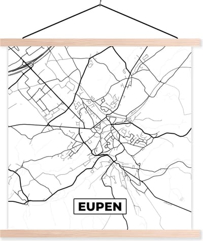 Posterhanger incl. Poster 40x40 cm - Schoolplaat - Kaart – Plattegrond – Stadskaart – Eupen – België – Zwart Wit - Textielposter - Blanke latten - Stadskaart