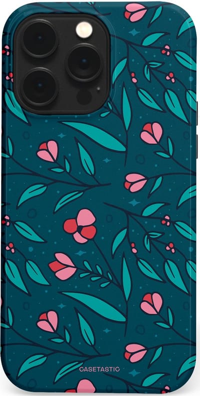 Casetastic hoesje geschikt voor Apple iPhone 14 Pro Max - MagSafe - Dubbellaagse bescherming - Blauwe Groene Bloemenpracht - Fashion Case - Petrol Donkergrijs
