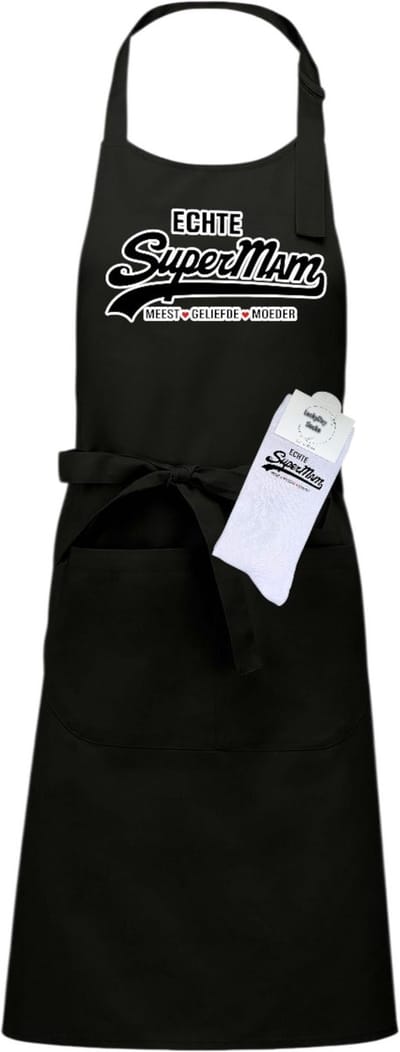 Keukenschort en sokken met tekst - Giftset - Echte Super mam - Moederdag cadeau - Zwart - Verstelbaar - Cadeau idee - Verjaardag - Cadeau dames en heren - Jubileum - Afscheid - Verrassing - Grappig cadeau - Onesize