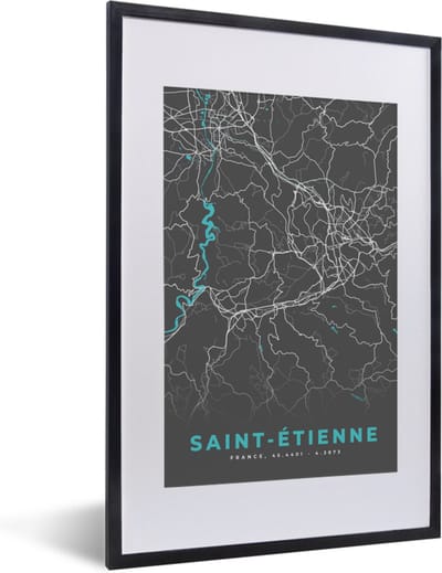 Fotolijst incl. Poster - Saint-Étienne - Frankrijk - Stadskaart - Kaart - Plattegrond - 40x60 cm - Posterlijst