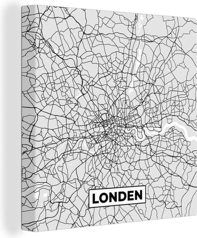 Canvas Schilderij Londen - Stadskaart - Plattegrond - Zwart Wit - Kaart - 20x20 cm - Wanddecoratie