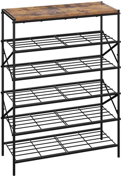 Schoenenrek met 6 niveaus, grote capaciteit schoenenopbergorganizer voor 24 paar schoenen, metalen schoenenopbergrek met plank voor entree, hal, kast, garage, rustiek bruin en zwart TXJ016H