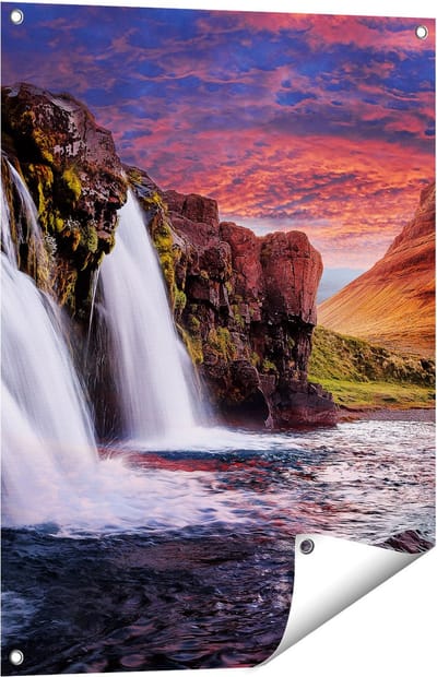 Gards Tuinposter Waterval bij een Berg - 60x80 cm - Tuindoek - Tuindecoratie - Wanddecoratie buiten - Tuinschilderij