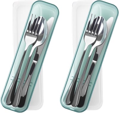 Campingservies set voor 2 personen, roestvrijstalen bestek met etui voor outdoor, picknick en reizen, vaatwasmachinebestendig en duurzaam