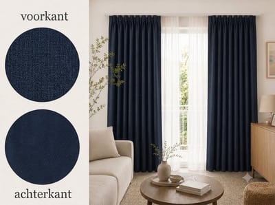 Kant-en-klare 100% Verduisterende & Thermische Gordijnen met Haken (Vlinderplooi) – 140x290 CM – Blauw – Linnenlook – Everyday Elegance Elite Series