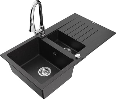 Mexen Matias granieten spoelbak 1,5-komers met afdruiprek en keukenmengkraan Elia, zwart/zilver metallic - 6502-73-670101-00