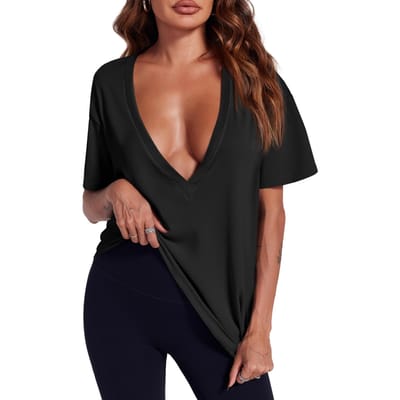 Dames Zomer Diepe V-hals T-shirt Korte Mouw Losse Pasvorm Basic T-shirt XS zwart
