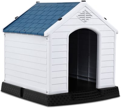 COSTWAY Hondenkennel, hondenhok van kunststof, hondengrot met verhoogde vloer & waterdicht dak, hondenkennel, voor tuin binnen buiten, blauw+wit (87.7x78.5x81.5cm)
