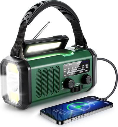Noodradio - Model XSY330 - Solar Powerbank - Opwindbaar - 10.000 mAh - Noodalarm - Draagbare Radio op accu - Zaklamp - Survival Noodpakket - Groen - Legergroen
