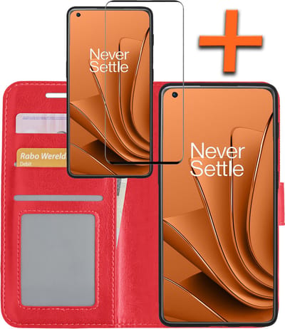 Hoes - Met Screenprotector - Geschikt voor OnePlus 10 Pro - Luxe Pasjeshouder - Bookcase Portemonee - Flip Case - Kunstleer Book Case - Flipcase - Book Cover - Walletcase - PortemonneeHoes - Rood