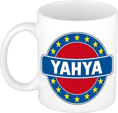 Bellatio Decorations - Yahya voornaam - koffiemok - beker - wit/blauw - 300 ml - Cadeau - Heren - Collega - Vaderdag - Verjaardag