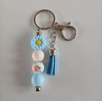 Sleutelhanger, tashanger met kralen en kwastje | blauw, wit