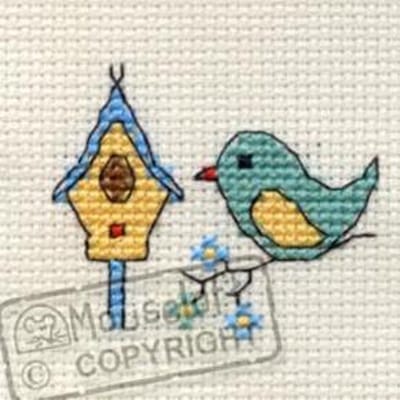 Mini Borduurpakketje  ( 6 x 6 cm ) Vogel Met Vogelhuisje - Mouseloft