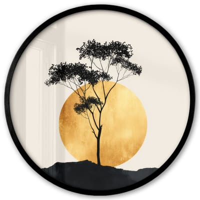 Poster in lijst Rond - Fotolijst 40x40 cm - Posters - Zwarte boom - Gouden cirkel - Heuvel - Ronde posterlijst zwart - Decoratie - Wanddecoratie woonkamer - Muurdecoratie slaapkamer