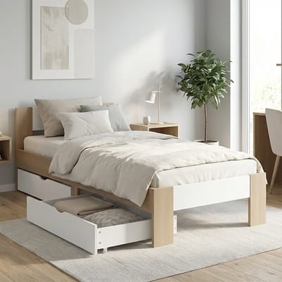 Homestyle4u Eenpersoonsbed - 90x200 cm - met 2 Opbergkasten - Bruin en Wit