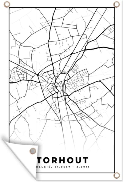 Muurdecoratie België – Torhout – Stadskaart – Kaart – Zwart Wit – Plattegrond - 120x180 cm - Tuinposter - Tuindoek