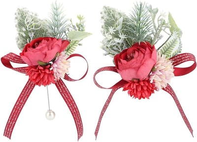 Bruiloft Corsage Set - Bruidsbloemen Polsband - Feestdecoratie Bruiloft - Handgemaakt Detail - 12x8 cm - Helder rood