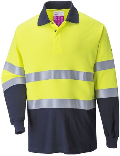 Portwest Vlamvertragende Modaflame Antistatische lange mouw Poloshirt FR74 - Geel/Marine - L