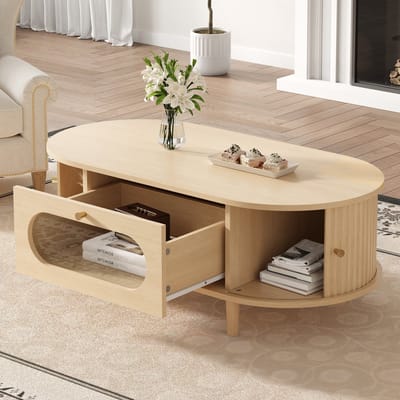 Salontafel - 100x50x36 cm - Met Lade En Roldeur - 4 Steunpoten - MDF - Houtkleur
