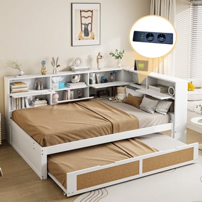 MEUNIQ houten bed 140x200 cm met uitschuifbed 90x190 cm, open opbergruimte en USB-aansluiting, bedframe voor slaapkamer, wit